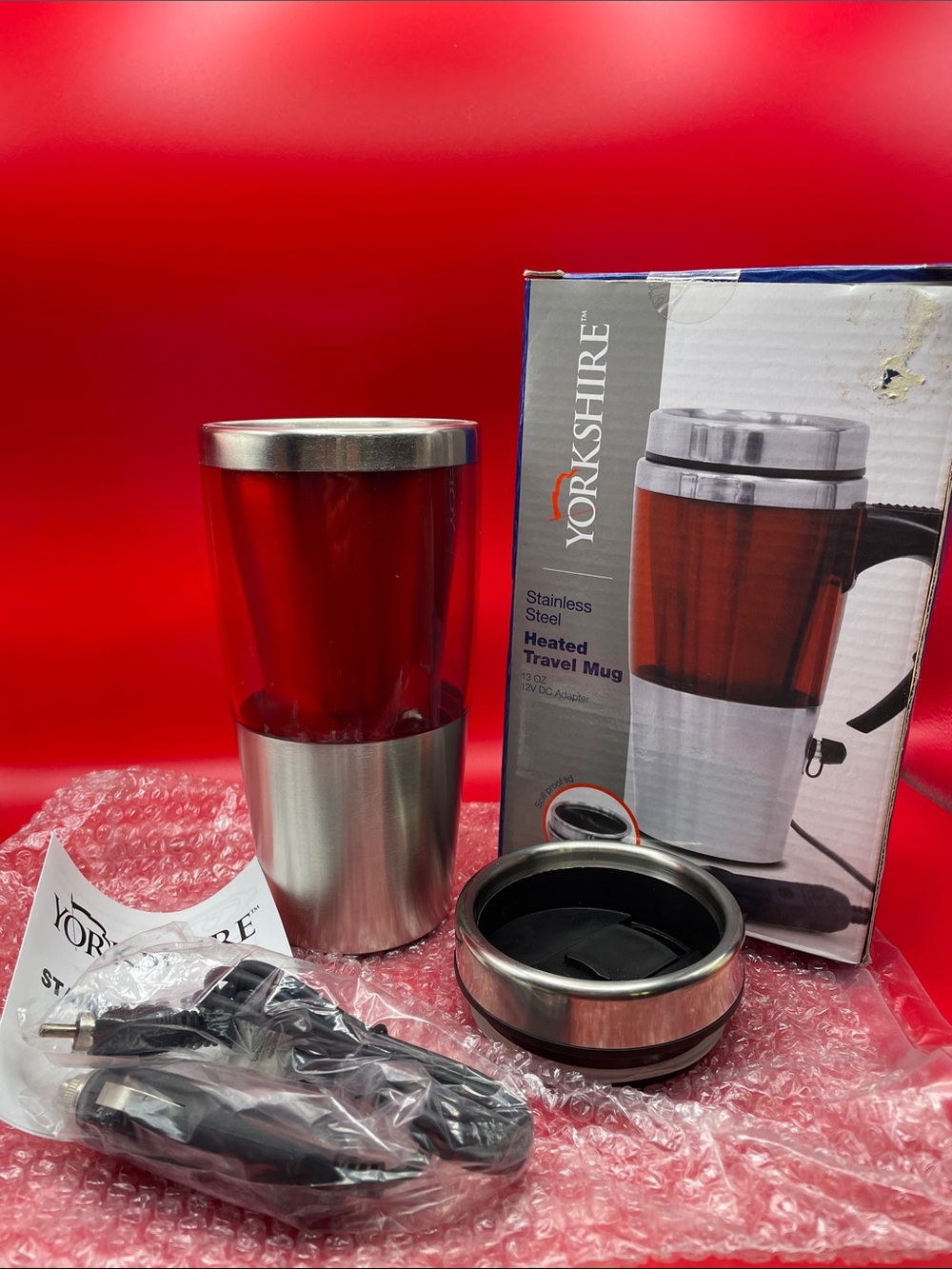 Yorkshire Heated Travel Mug 13 oz. Stainless Steel 12V DC Adapter, NEW in box